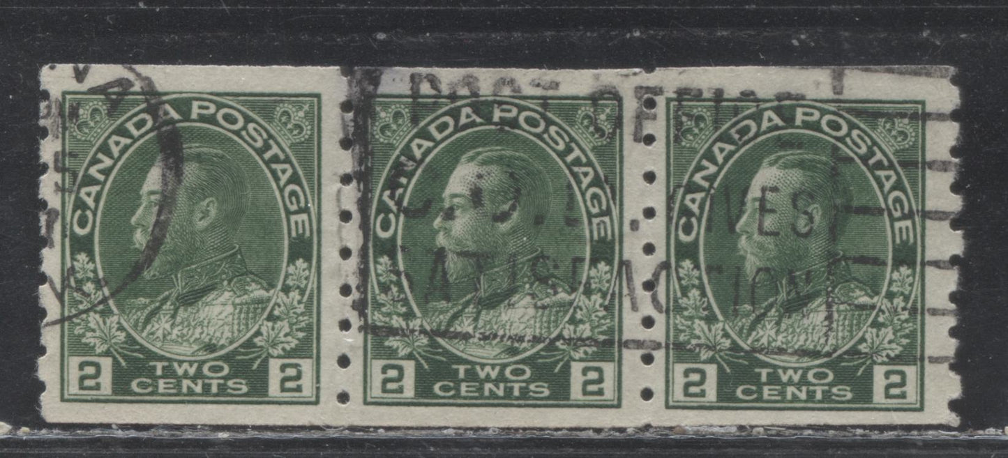 Lot 92 Canada #128 2c Deep Green (Green in Unitrade) King George V, 1911-1928 Admiral Issue, A FNH Coil Strip Of 3, Wet Printing, Perf 8 Vertical