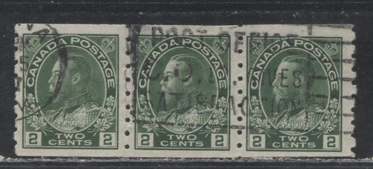 Lot 92 Canada #128 2c Deep Green (Green in Unitrade) King George V, 1911-1928 Admiral Issue, A FNH Coil Strip Of 3, Wet Printing, Perf 8 Vertical