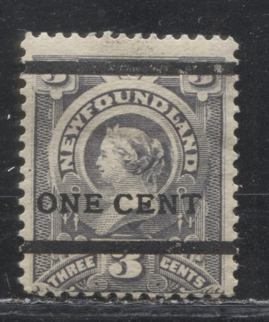 Lot 92 Newfoundland #76 1c on 3c Gray Lilac Queen Victoria, 1897 Surcharge Issue, A Fine OG Single, Type B Surcharge