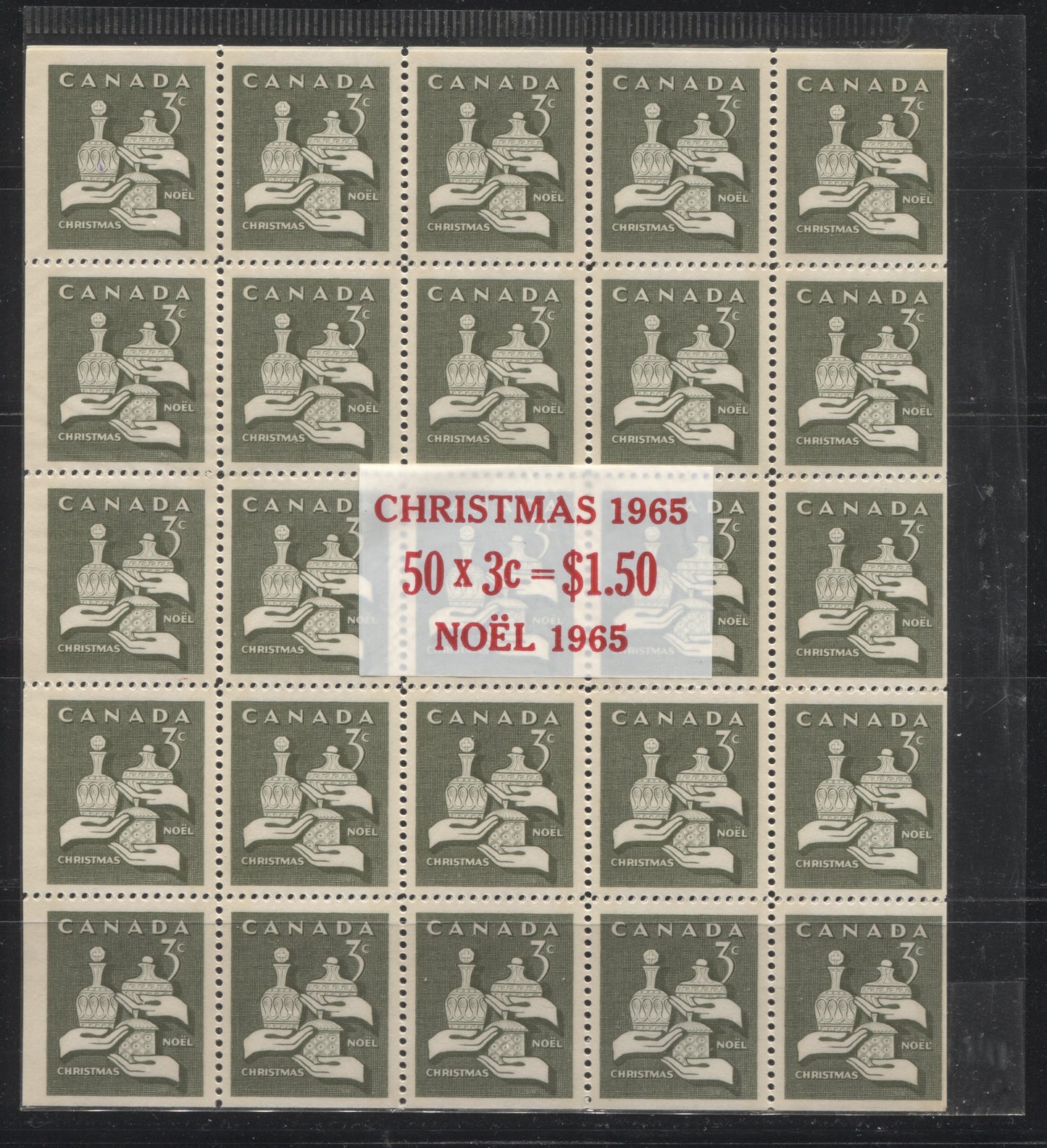 Lot 93 Canada #443q 3c Olive Gifts From The Wisemen, 1965 Christmas Issue, A VFNH W2B Tagged Cellophane Pack Of Two Panes Of 25 On DF Paper