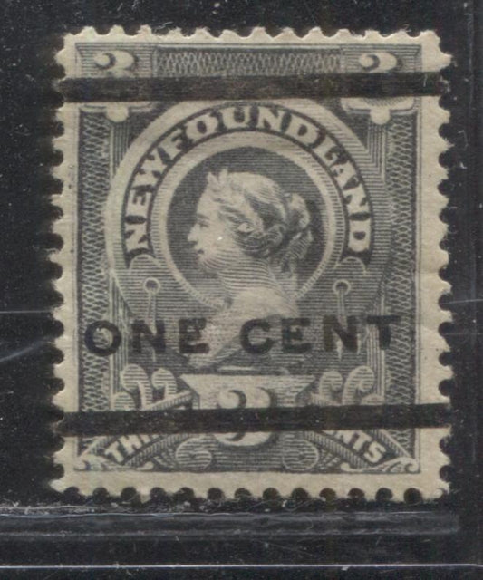 Lot 93 Newfoundland #77 1c on 3c Gray Lilac Queen Victoria, 1897 Surcharge Issue, A Fine OG Single, Type C Surcharge With A Gum Crease