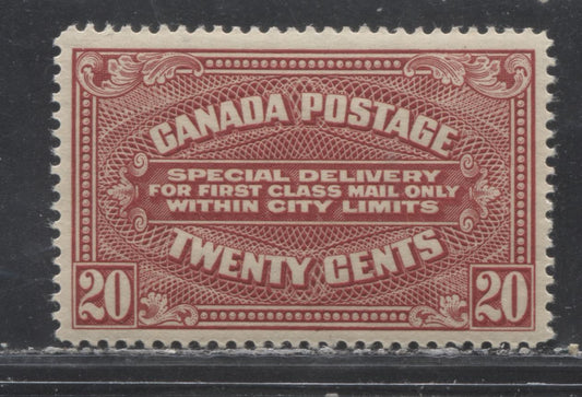 Lot 93 Canada #E2 20c Carmine Red (Carmine) Engine Turning, 1922-1927 Special Delivery Issue, A VFLH Single, Dry Printing