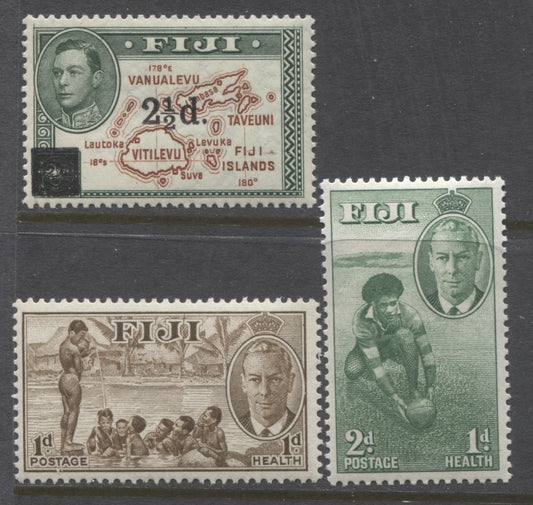 Lot 94 Fiji SG#267, 276-277 1941 2.5d Surcharge and 1951 Health Issue, VFNH Complete Sets, SG. Cat 3.10 GBP = $5.33