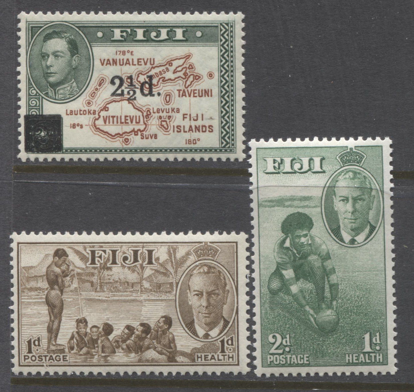 Lot 94 Fiji SG#267, 276-277 1941 2.5d Surcharge and 1951 Health Issue, VFNH Complete Sets, SG. Cat 3.10 GBP = $5.33