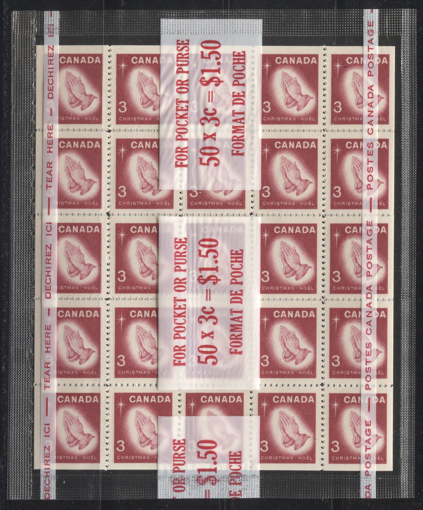Lot 94 Canada #451a 3c Carmine Rose Praying Hands, 1966 Christmas Issue, Two VFNH Cellophane Packs Of 2 Panes Of 25 On DF Papers With Smooth & Streaky Dex Gums