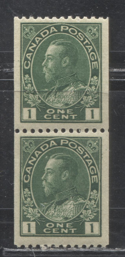 Lot 94 Canada #131 1c Dark Yellow Green (Dark Green) King George V, 1911-1928 Admiral Coil Issue, A VFNH Coil Pair, Perf 12 Horizontal, Retouched Frameline