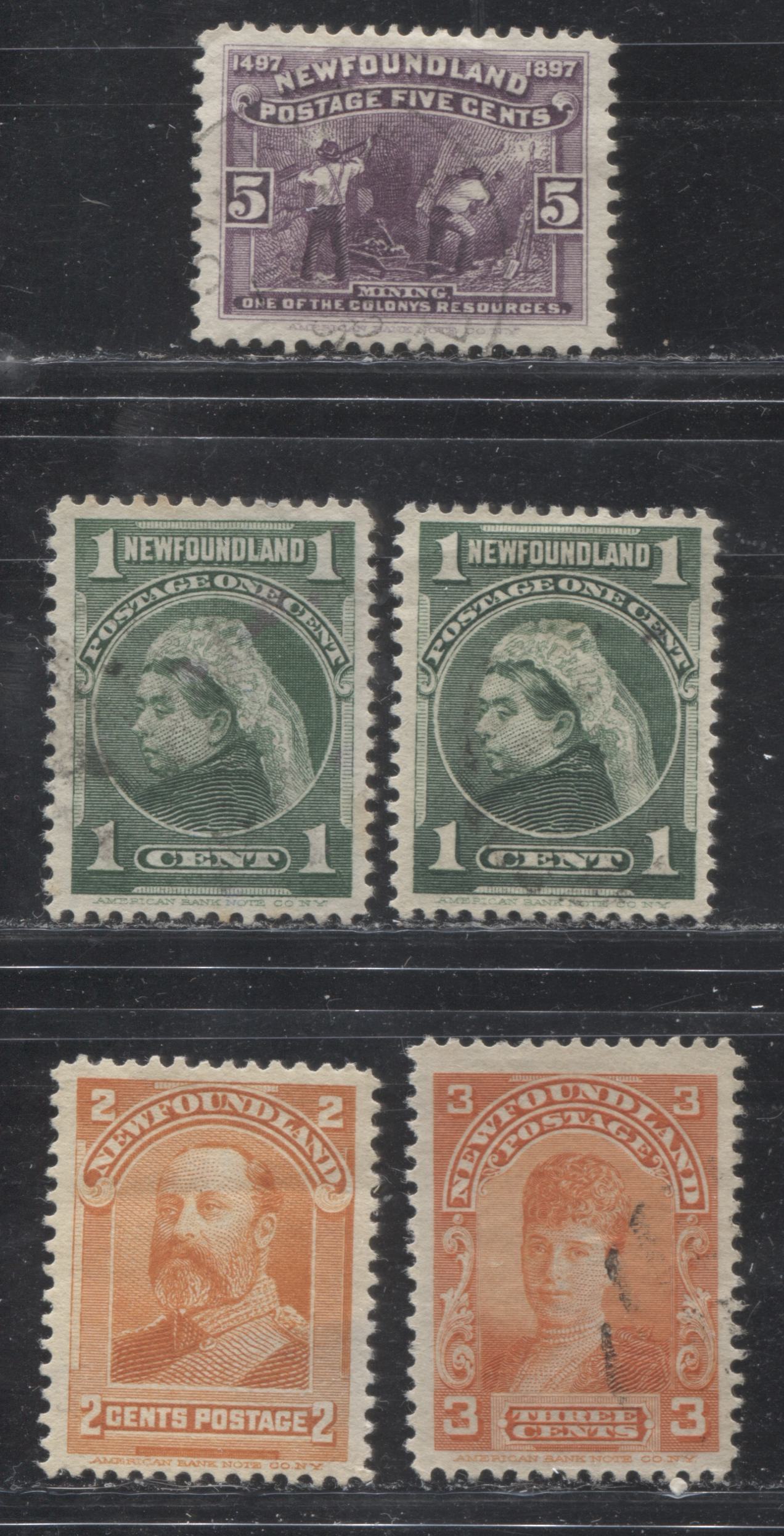 Lot 94 Newfoundland #65,80a,81,83c 5c, 1c, 2c & 3c Violet, Deep Green & Orange Mining, Queen Victoria, King Edward VII & Queen Alexandra, 1897 Discovery Of Newfoundland & 1897-1901 Royal Family Issues, 5 Very Fine Used Singles, Two Shades Of The 1c