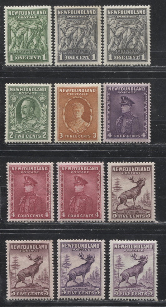 Lot 95 Newfoundland # 183-191 1c - 5c Green - Deep Rose Lilac Codfish - Caribou, 1932-1937 First Resources Issue, Twelve VFOG Examples, Various Comb Perfs