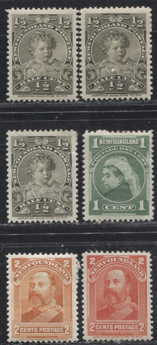Lot 95 Newfoundland #78,82,80,81 1/2c - 2c Olive Green - Vermillion King Edward VII (Child & Adult Portraits) & Queen Victoria, 1897-1901 Royal Family Issue, 6 Very Fine OG Singles, Two Papers On 1/2c