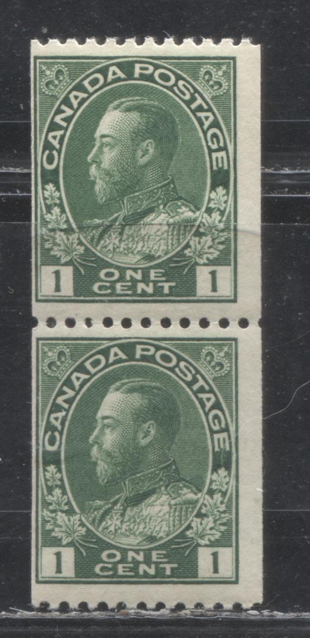 Lot 95 Canada #131 1c Yellowish Green (Dark Green) King George V, 1911-1928 Admiral Coil Issue, A Fine NH Coil Pair, Break in Left Numeral Box At LL, Perf 12 Horizontal, Retouched Frameline