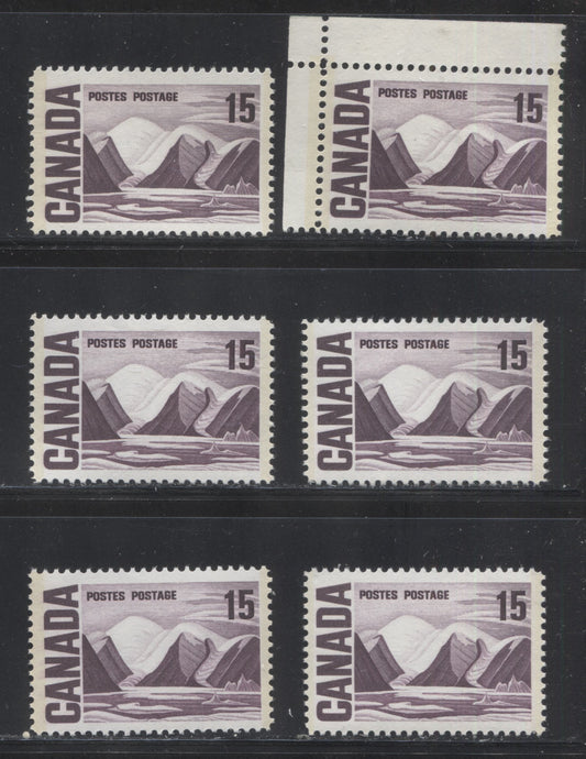 Lot 95 Canada #463pi,piv 15c Dull Purple Greenland Mountains, 1967-1973 Centennial Definitive Issue, A Specialized Lot Of 6 VFNH GT2 Tagged Singles With Various Shades On Various DF Horizontal & Vertical Wove Papers With Eggshell & Satin PVA Gums