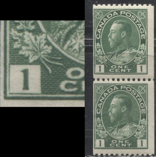 Lot 95 Canada #131 1c Yellowish Green (Dark Green) King George V, 1911-1928 Admiral Coil Issue, A Fine NH Coil Pair, Break in Left Numeral Box At LL, Perf 12 Horizontal, Retouched Frameline