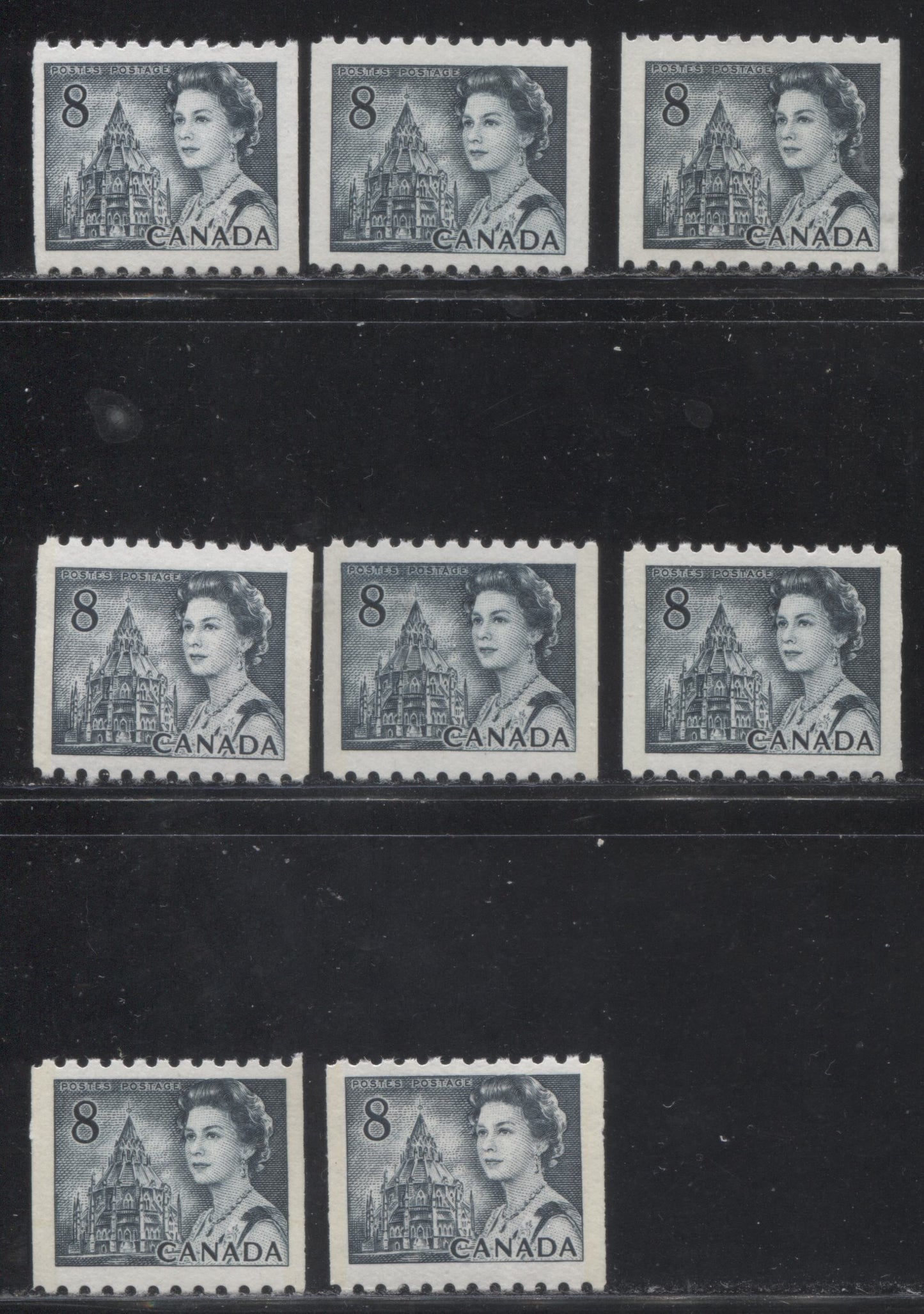Lot 96 Canada #550-pv 8c Slate Queen Elizabeth II, 1967-1973 Centennial Issue, Eight VFNH Tagged & Untagged Coil Singles On Various Fluorescent Papers With Satin & Eggshell PVA Gums