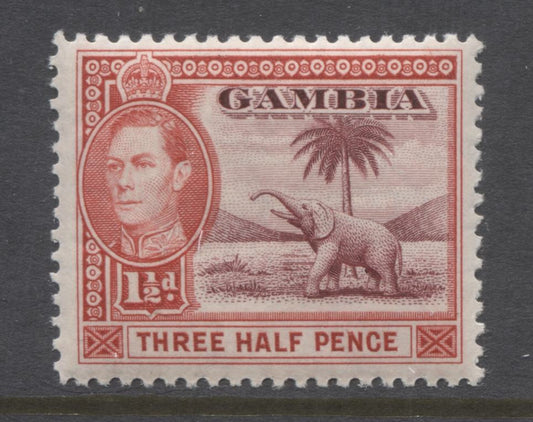 Lot 96 Gambia SG#152a 1938-1952 Colonial Badge Definitive Issue, a VFNH Example of the 1.5d Vermilion and Claret 1938 Printing, SG. Cat 7 GBP = $12.04