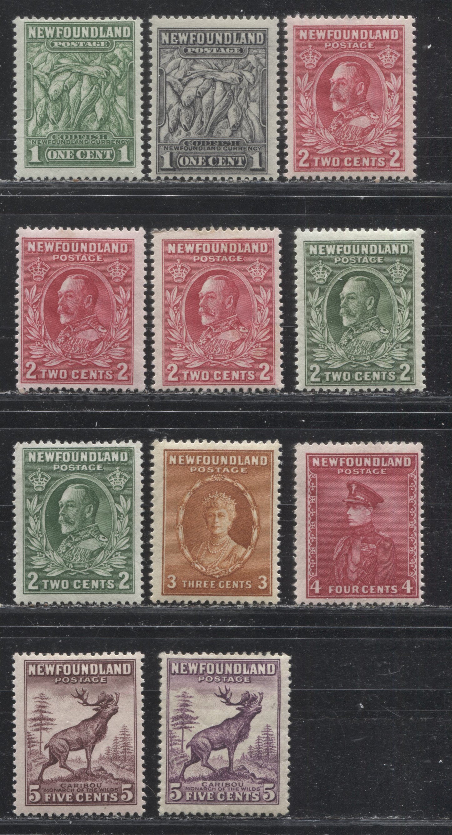 Lot 96 Newfoundland # 183/191 1c - 5c Green - Deep Rose Lilac Codfish - Caribou, 1932-1937 First Resources Issue, Eleven Fine OG Examples, Various Comb Perfs