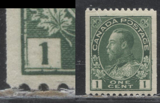 Lot 96 Canada #131 1c Green (Dark Green) King George V, 1911-1928 Admiral Coil Issue, A VFNH Coil Single With A Retouched Frameline And A Break in the Left Numeral Box At LL, Perf 12 Horizontal