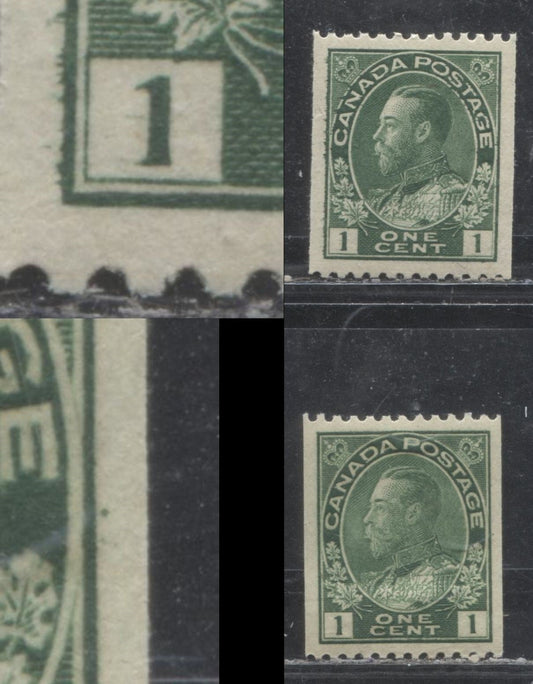 Lot 97 Canada #131 1c Green (Dark Green) King George V, 1911-1928 Admiral Coil Issue, 2 VFOG Coil Singles, Dash In Front Of Left 1 On First Stamp, Guide Dot At Right Frameline Of Second Stamp, Perf 12 Horizontal