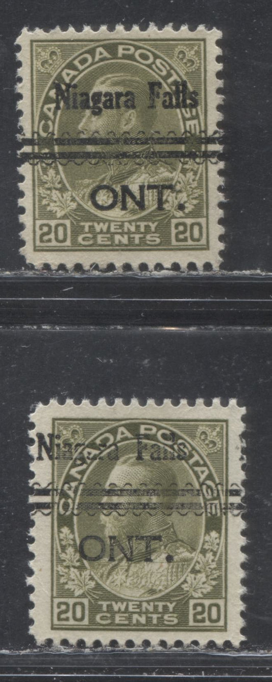 Lot 97 Canada #119xx 20c Gray Olive (Olive Green) King George V, 1925-1928 Admiral Issue, A VF Used Singles With Normal and Re-Drawn Framelines, Dry Printing, Niagara Falls Style 3 Precancel