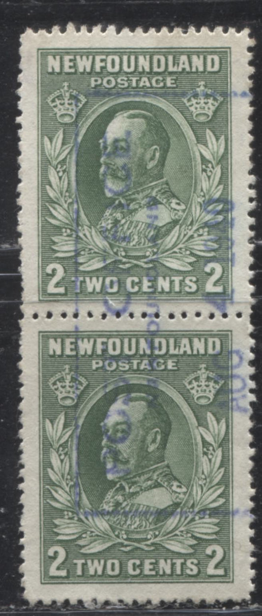 Lot 98 Newfoundland # 186i 2c Green King George V, 1932-1937 First Resources Issue, A VF Used Vertical Pair, Line Perf. 14