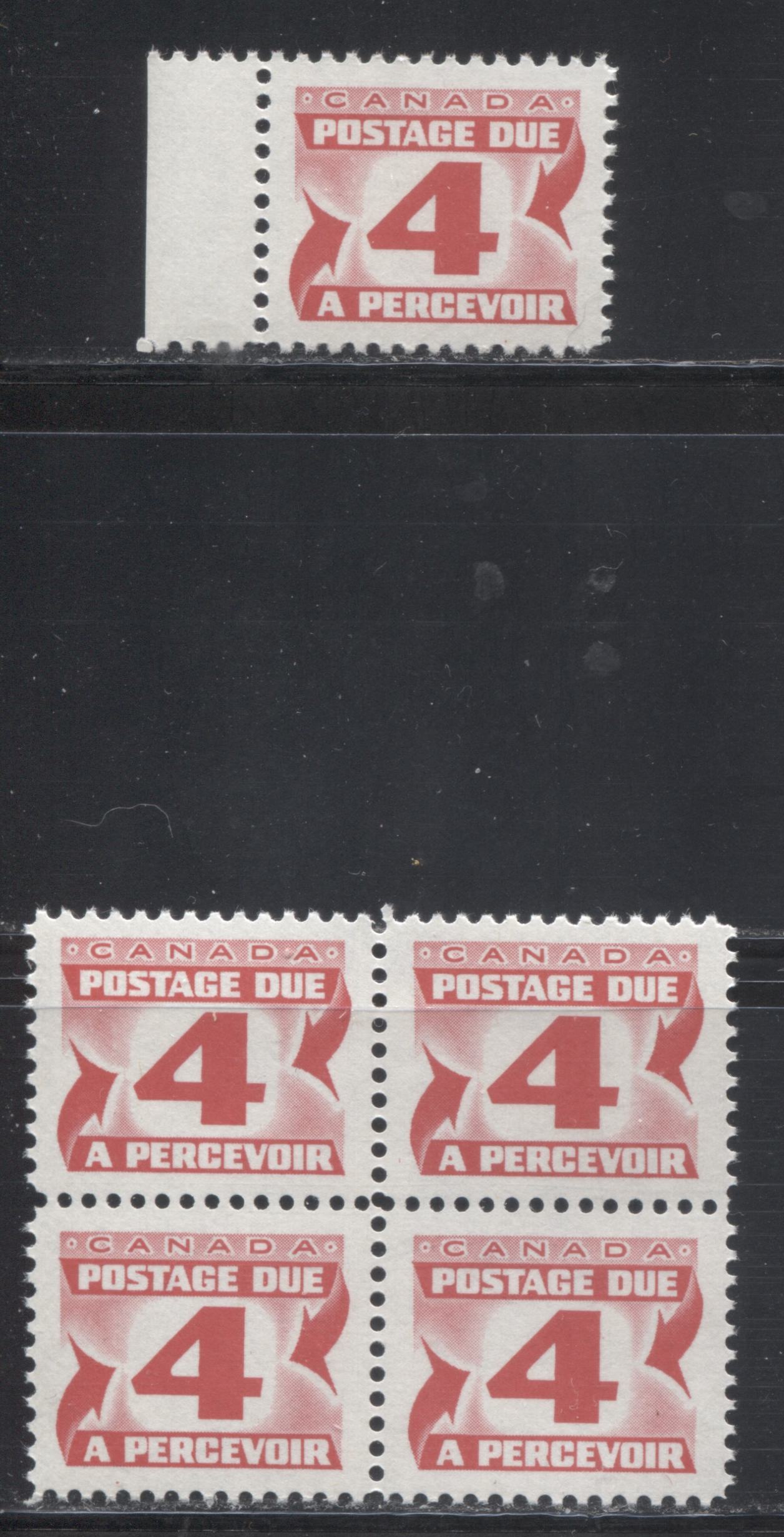 Lot 98 Canada #J31iii 4c Carmine Rose 1973-1977, 3rd Centennial Postage Due Issue, 2 VFNH Center Block Of 4 And A Single On HB Paper With PVA Gum, Perf 12, Plate Varieties