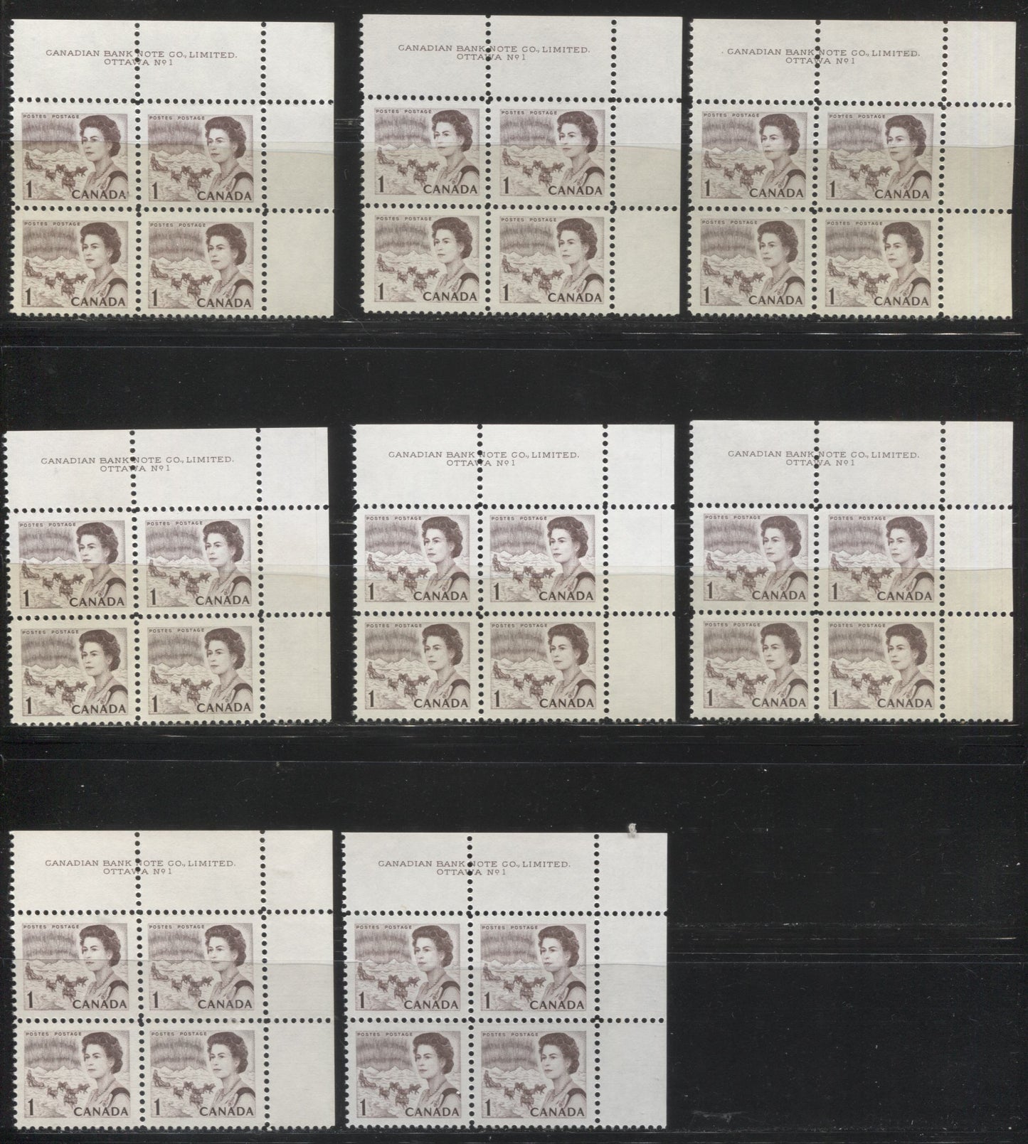 Lot #98 Canada #454 1c Brown & Violet Brown, Northern Lights and Dogsled Team, 1967-1973 Centennial Issue, A Specialized Lot of Plate 1 UR Blocks on DF and NF Papers