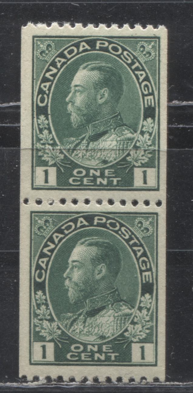 Lot 98 Canada #131ii 1c Bluish Myrtle Green (Blue Green) King George V, 1911-1928 Admiral Coil Issue, A VFNH Coil Pair, Break in Left Numeral Box At LL, Perf 12 Horizontal, Retouched Frameline