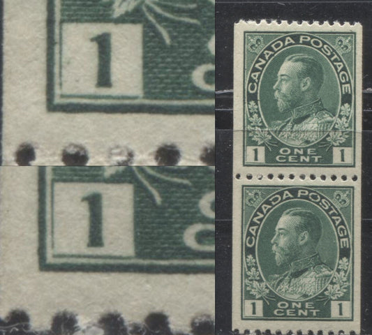 Lot 98 Canada #131ii 1c Bluish Myrtle Green (Blue Green) King George V, 1911-1928 Admiral Coil Issue, A VFNH Coil Pair, Break in Left Numeral Box At LL, Perf 12 Horizontal, Retouched Frameline