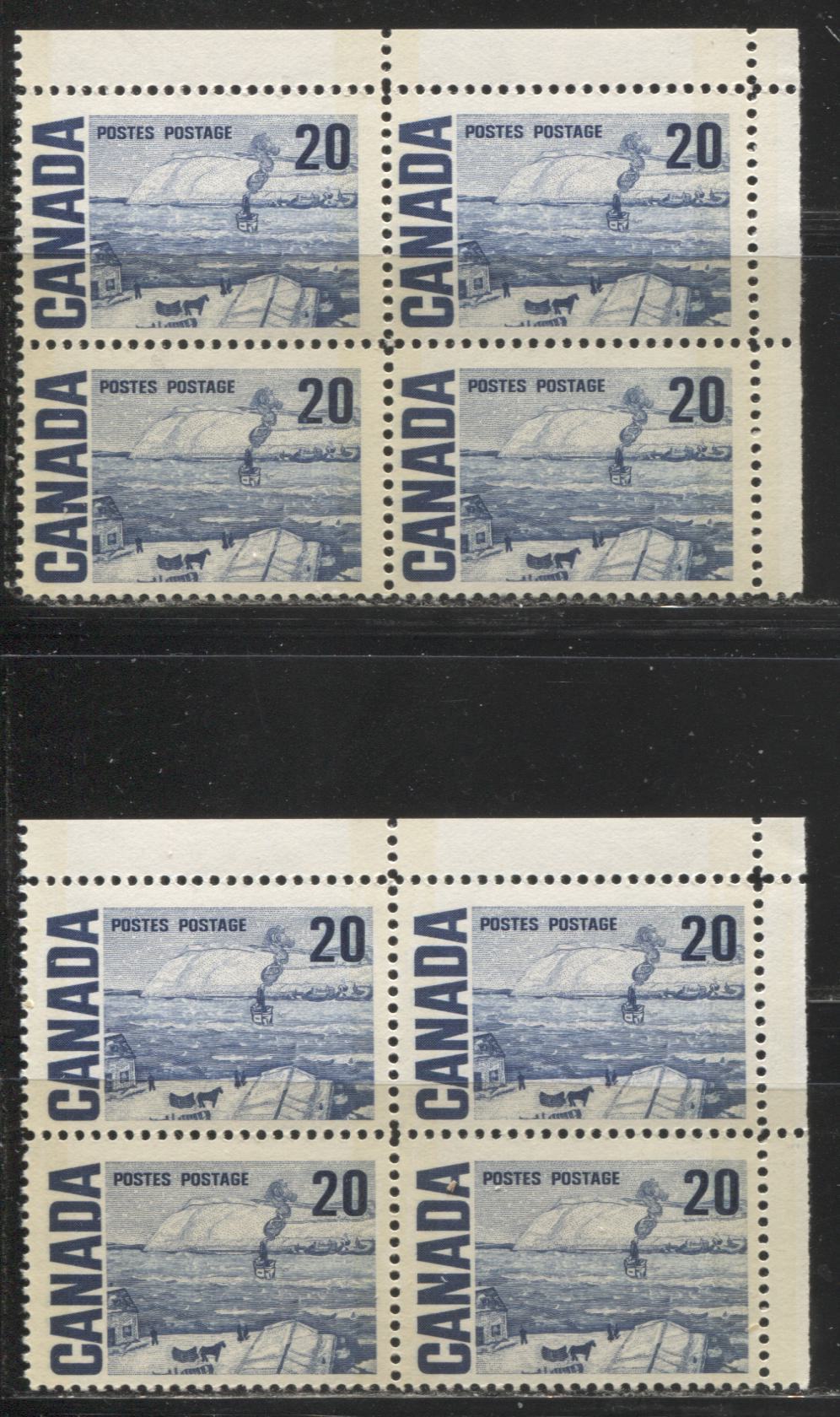 Lot 99 Canada #464p 20c Dark Blue The Ferry, Quebec, 1967-1973 Centennial Definitive Issue, Two FNH UR Tagged Field Stock Blocks of 4 On DF-fl & DF Light Violet Vertical & Horizontal Wove Paper With Very Few LF Fibers, Smooth Dex Gum