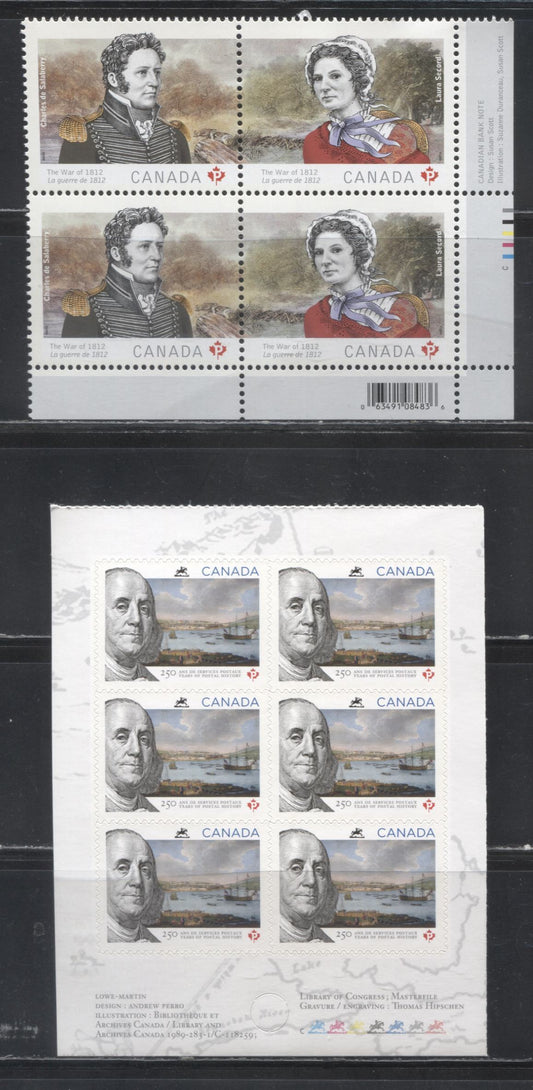 Lot 99 Canada #2649-2651a 2013 War of 1812 Issue & 250 Years of Postal History Issue, A VFNH LR Inscription Block and Booklet Pane of 6 on LF TRC Paper