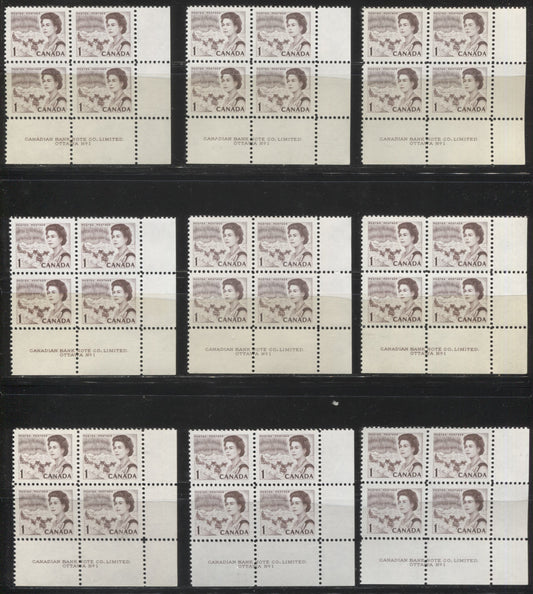 Lot #99 Canada #454 1c Brown & Violet Brown, Northern Lights and Dogsled Team, 1967-1973 Centennial Issue, A Specialized Lot of Plate 1 LR Blocks on DF and NF Papers