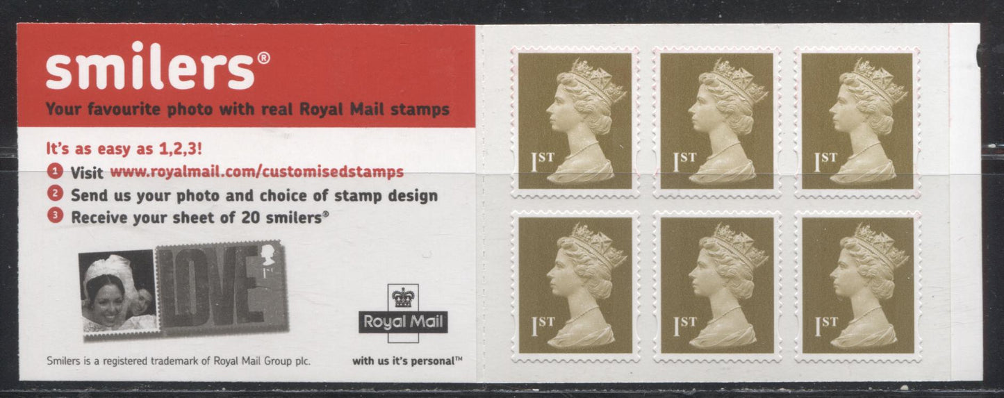 Great Britain SG#MB4a 2005 Booklet Containing 6 x 1st Class Gold Self-Adhesive Machins, With Smilers Ad On Inside Front Cover, Showing a Picture of a Bride