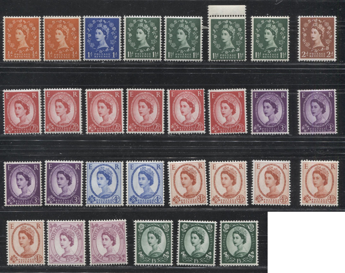 Great Britain SC#353p/368p SG#610/618 1/2d Orange - 1/3d Green Queen Elizabeth II, 1960-1967 Wilding Issue, Multiple Crown Watermark, Phosphor Tagged Issue, Partial Set, Blue Phosphor on White Paper, Many Fluorscent Varieties, Fine to Very Fine NH