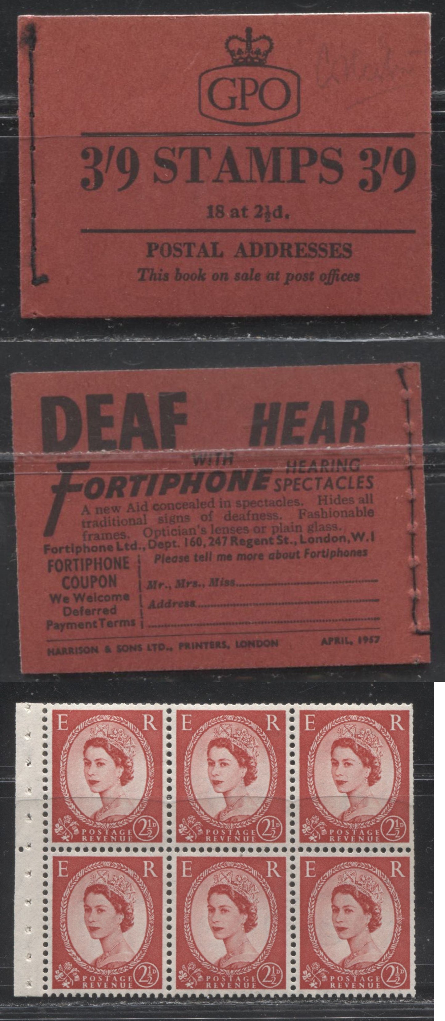 Great Britain SG#G19 3/9 Deep Red & Black Cover 1956-1959 Wilding Issue, A Complete Booklet With Upright St. Edward's Crown Watermark, Panes of 6, Type B GPO Cypher, April 1957