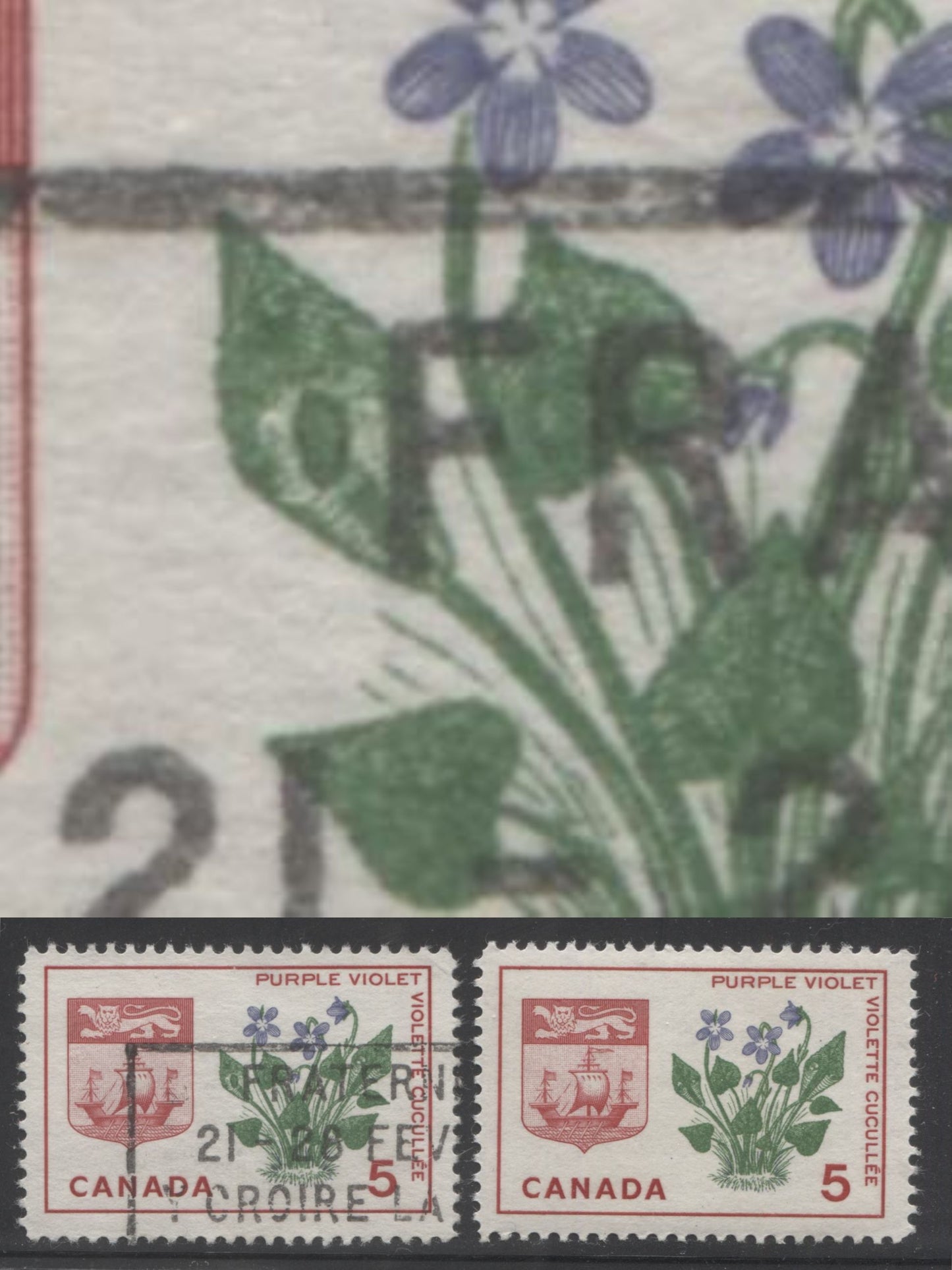 Canada #421var 5c Carmine, Green And Violet New Brunswick, 1964-1966 Provincial Emblems Issue a Fine Used Example With "Deformed Leaf" Variety