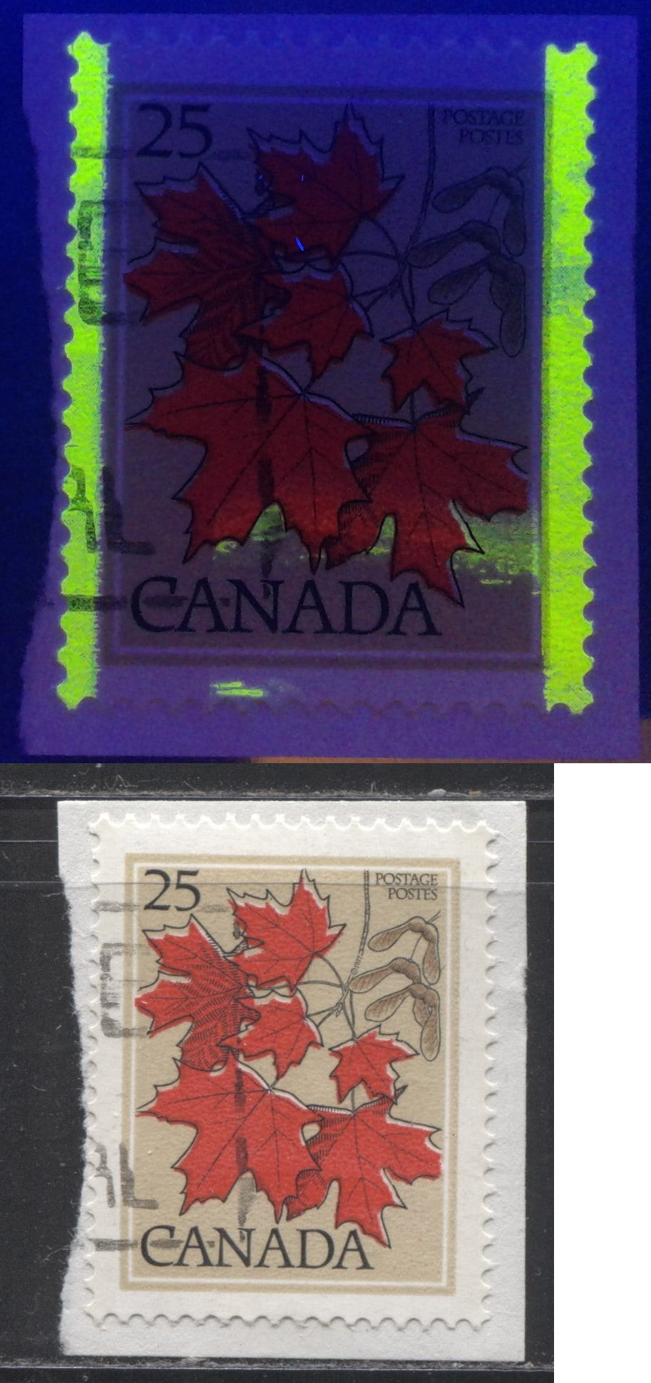 Canada #719T5 25c Multicoloured Sugar Maple, 1977-1982 Floral & Environment Issue, a VF Used Single on Piece With 3 mm Partial Horizontal Tag Bar at Base