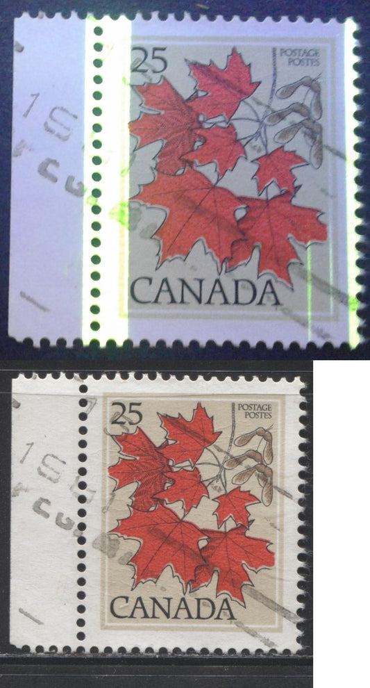 Canada #719T6 25c Multicoloured Sugar Maple, 1977-1982 Floral & Environment Issue, a F Used Single on NF/DF Paper With Doctor Blade Tagging Flaw