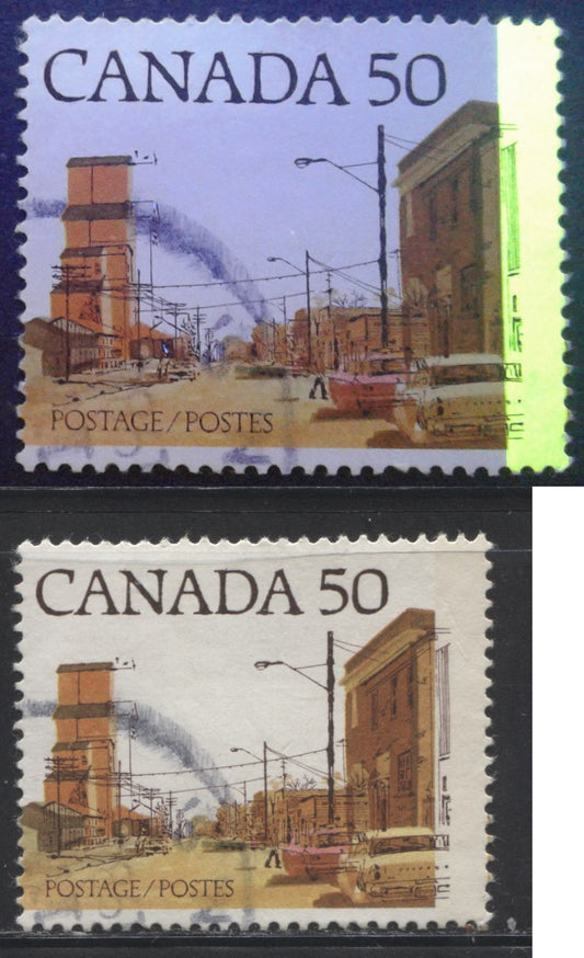 Canada #723AT3 50c Multicoloured Prairie Street Scene, 1977-1982 Floral & Environment Issue, a Fine Used Example Showing G1aR Tagging Error and Shifted Engraving