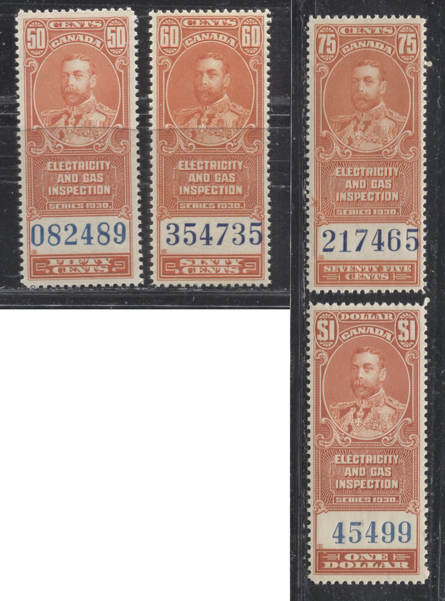 Canada #FEG1-FEG4 50c-$1 Orange 1930 Electricity and Gas Inspection, VF Mint NH Examples of the First 4 Values of the Set