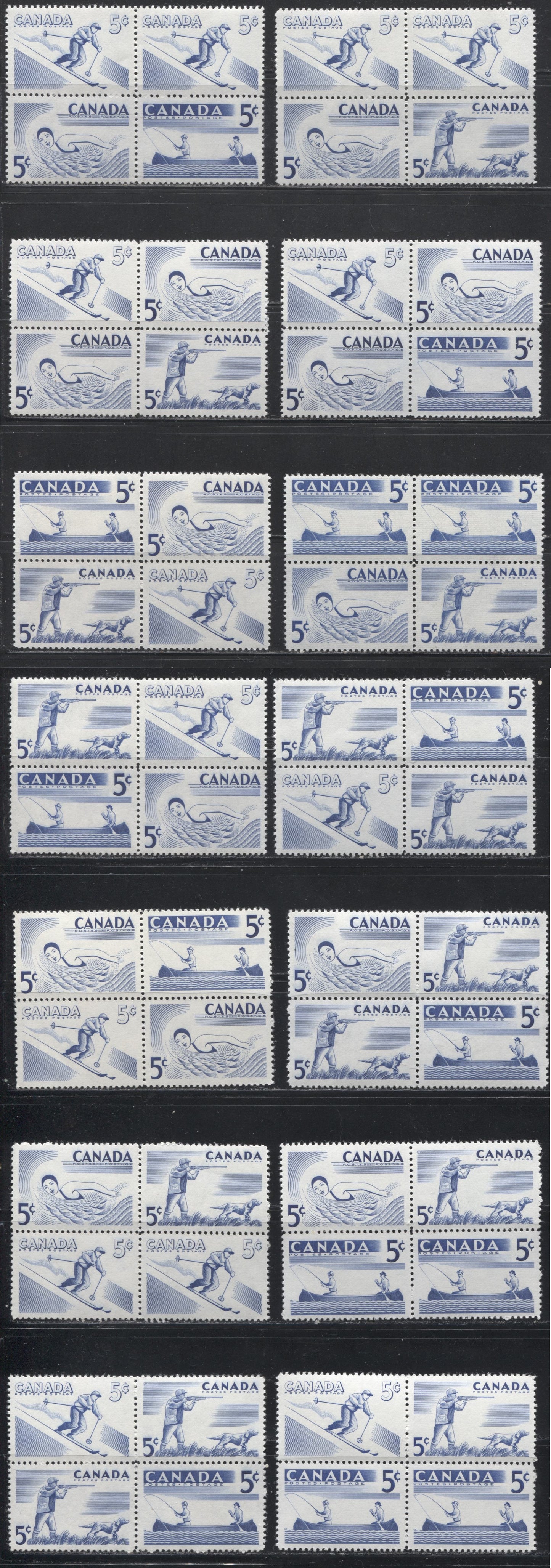 Canada #368a (SG#491a) 5c Ultramarine 1957 Recreational Sports Issue Set Of 14 Blocks Comprising All Possible Stamp Combinations All VFNH