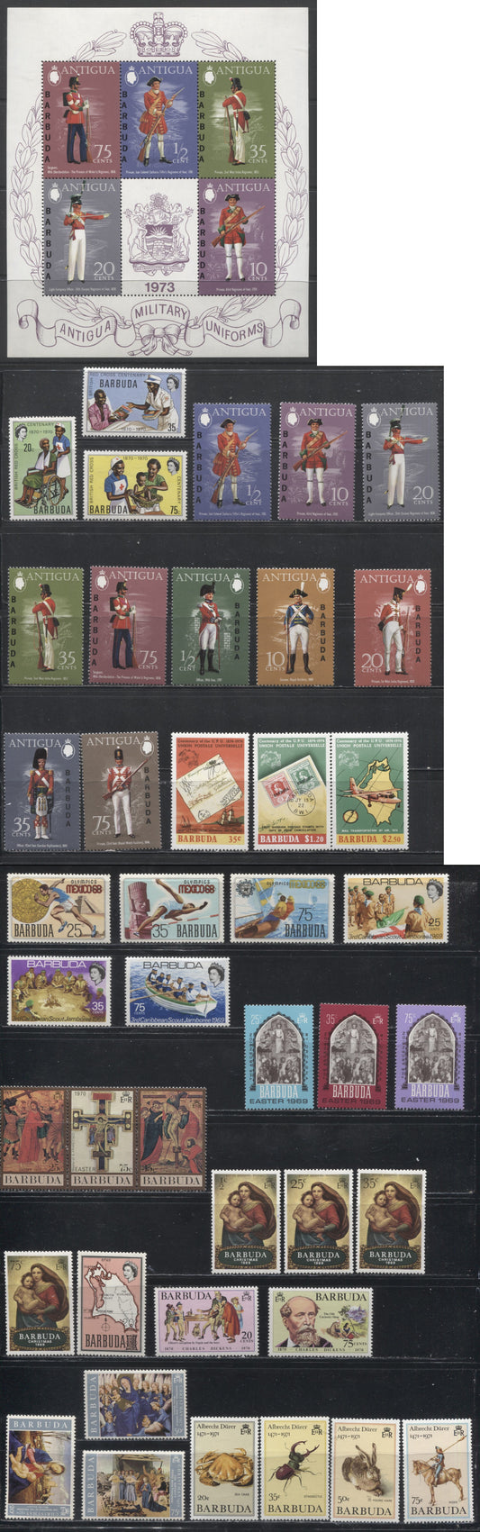 Barbuda SC#29/146 1968-1974 Commemoratives, a Mostly Complete VFNH Group of Thirteen Sets