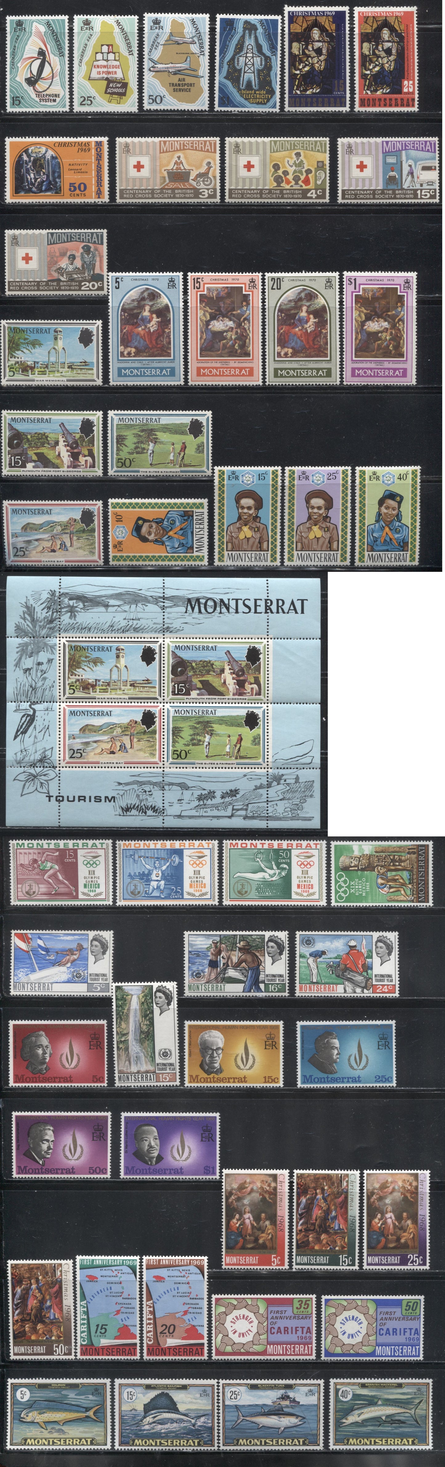 Lot 26 Montserrat SG #190/267 1968-1970 Group of 12 Sets and 1 Souvenir Sheet, Generally All VFNH