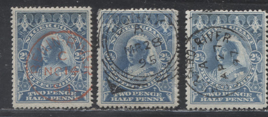 Niger Coast Protectorate SG#54-54b 2 1/2d Blue Queen Victoria, 1894-1896 2nd Waterlow Unwatermarked Issue, Perf. 14.5-15, and 13.5-14, Three Fine and VF Used Examples Featuring A Benin River 1894 CDS, A Bonny River 1895 CDS And A Sombreiro River 1896 CDS
