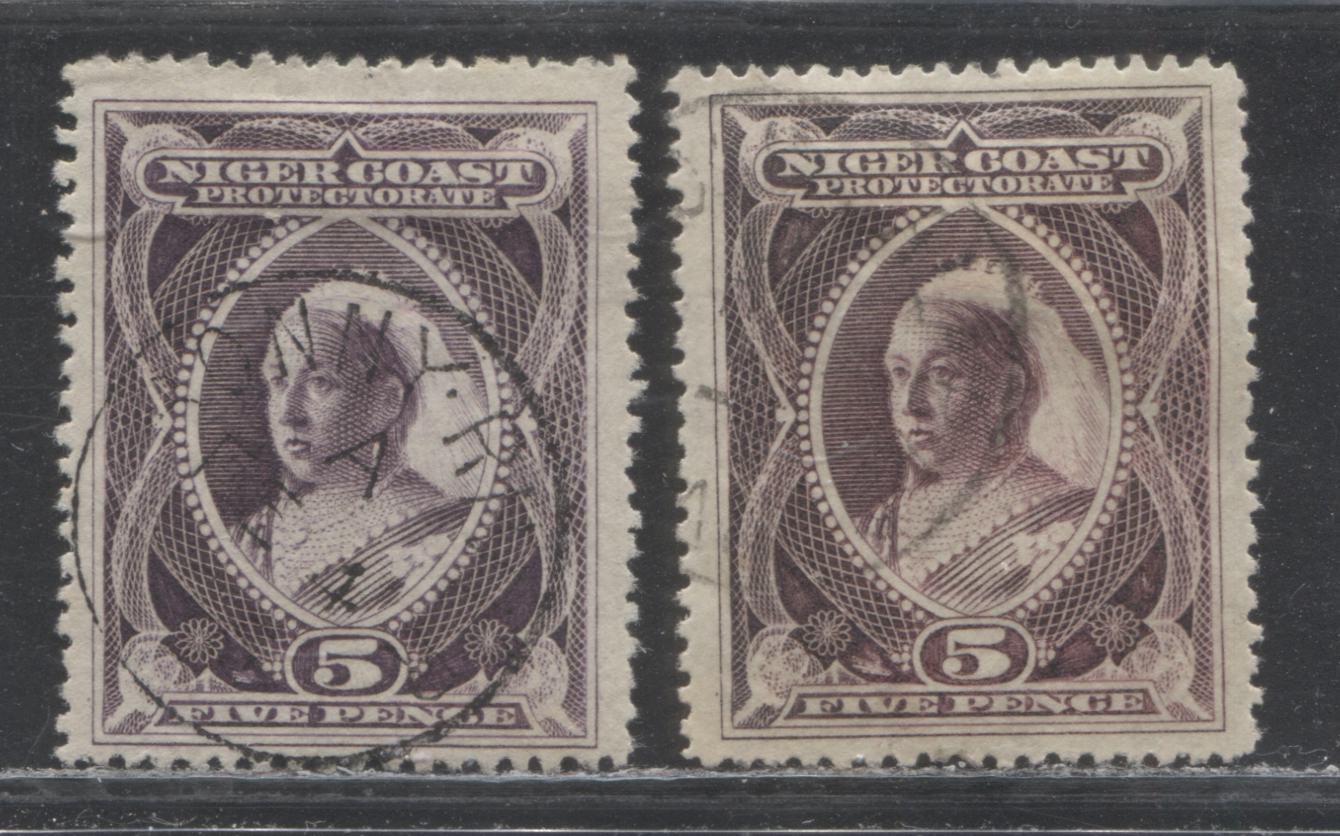 Niger Coast Protectorate SG#55-55a 5p Deep Purple and Reddish Violet Queen Victoria, 1894-1896 2nd Waterlow Unwatermarked Issue, Fine and Very Fine Used Examples of Both Shades, Perf. 14.5-15, Featuring A Bonny River CDS And An Indistinguishable CDS