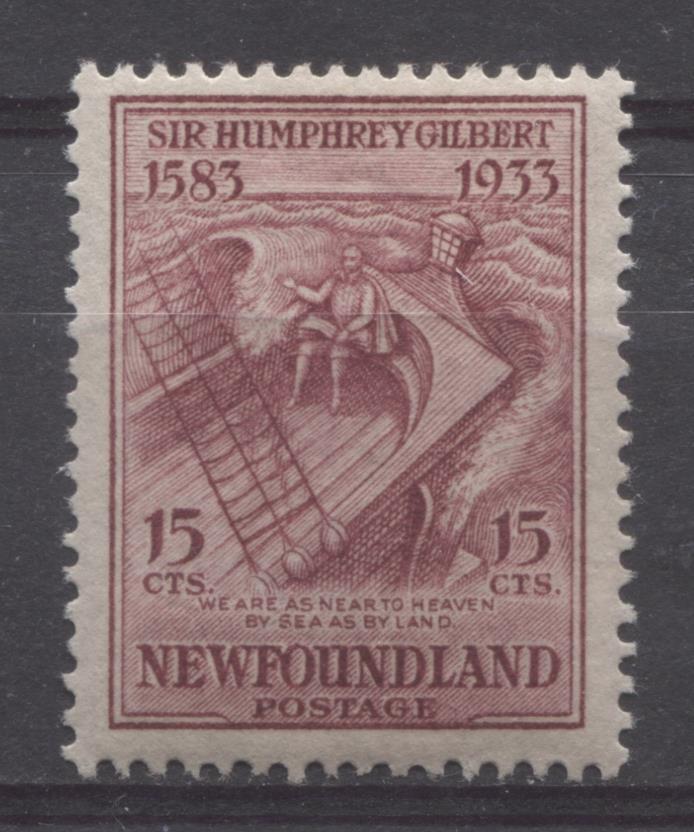 Newfoundland #222i (SG#246w) 15c Deep Brown Purple 1933 Sir Humphrey Gilbert Watermark Inverted VF-75 OG Brixton Chrome 