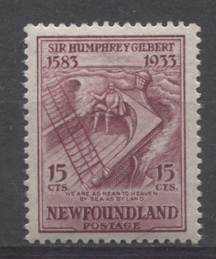 Newfoundland #222i (SG#246w) 15c Deep Claret 1933 Sir Humphrey Gilbert Watermark Inverted VF-84 OG Brixton Chrome 