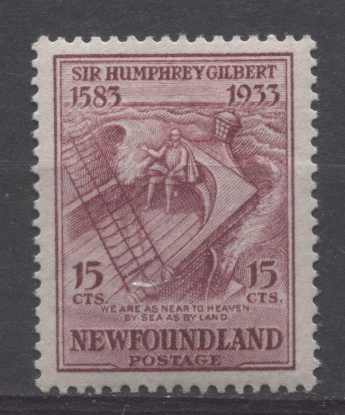 Newfoundland #222i (SG#246w) 15c Deep Claret 1933 Sir Humphrey Gilbert Watermark Inverted VF-84 OG Brixton Chrome 