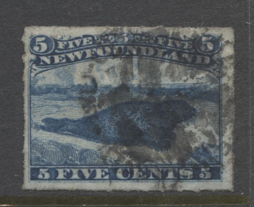 Newfoundland #40 (SG#43) 5c Deep Bright Blue Seal 1876 Rouletted Cents Issue F-65 Used Brixton Chrome 