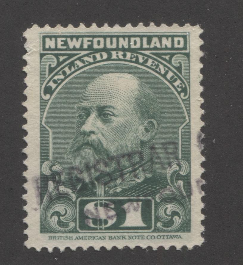 Newfoundland #NFR12 $1 Green King Edward VII, 1907 Inland Revenue Issue A Very Fine Used Single on Soft Horizontal Wove Paper Brixton Chrome 