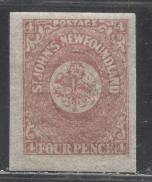 Newfoundland #18 4d Rose, Heraldic Flowers, 1861-1862 Pence Issue, An Extremely Fine OG Mint Example on Hard Paper