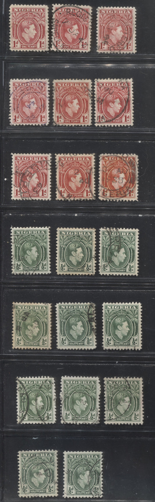 Nigeria SG#49-50a 1/2d Green, 1d Carmine & Rose Red King George VI, 1938-1952 King George VI "Palm Tree" Definitive Issue, a Specialized Group of 20 Different Printings, Generally VF Used